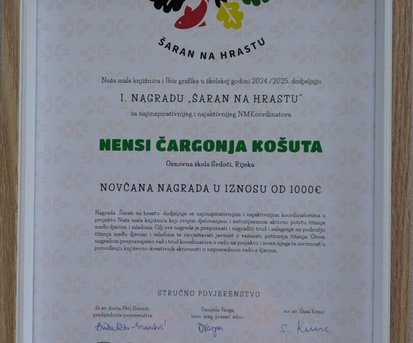 Knjižničarka OŠ Srdoči prva dobitnica međunarodne nagrade „Šaran na hrastu“