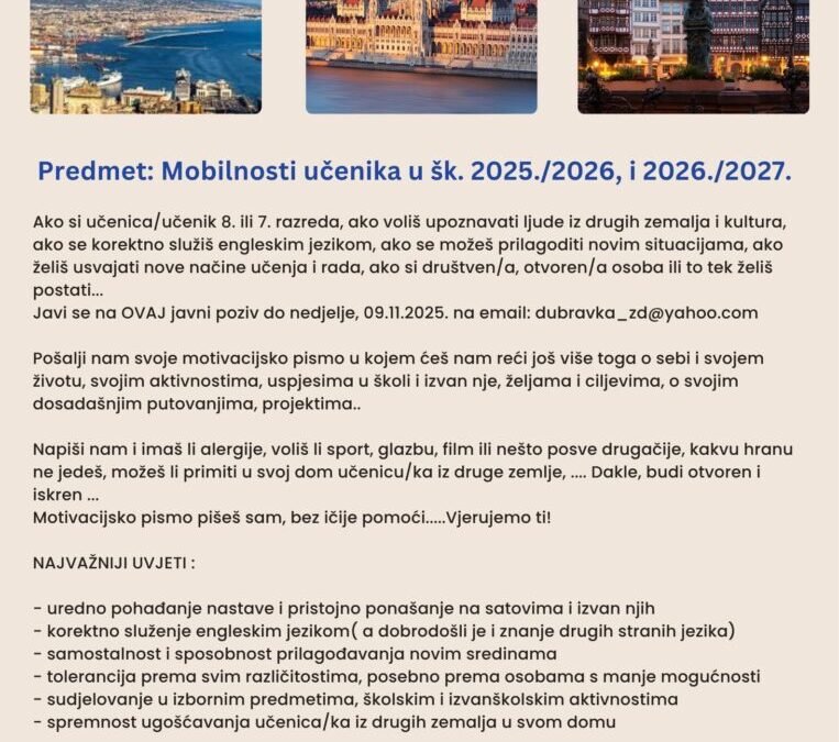 Javni poziv na sudjelovanje u Erasmus+ mobilnosti