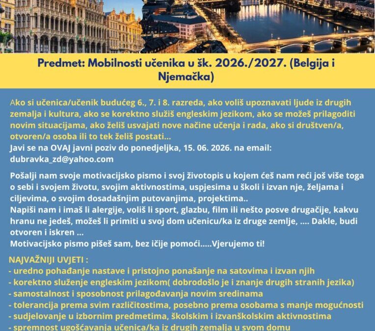 JAVNI POZIV NA SUDJELOVANJE U ERASMUS+  MOBILNOSTI